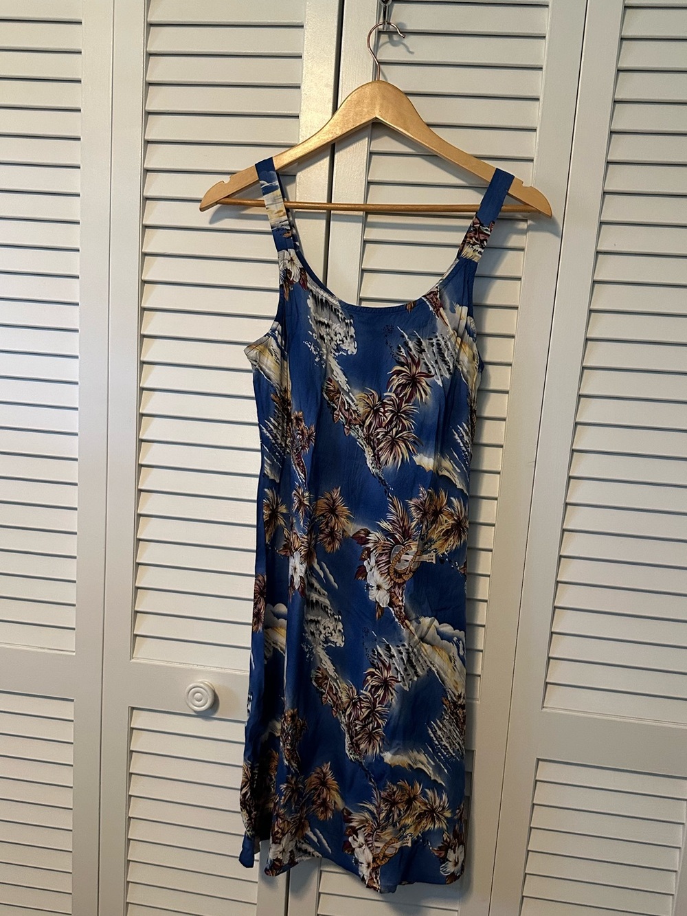 Hilo Hattie Blue Tropical Slip Dress with Brown Floral Accents